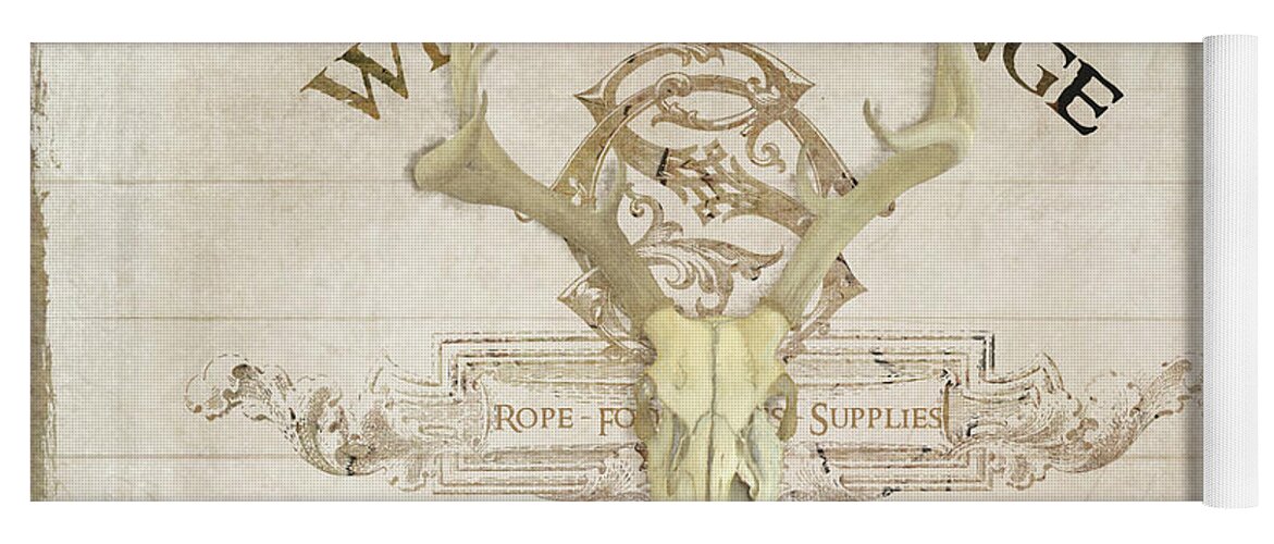 Western Yoga Mat featuring the painting Western Range 3 Old West Deer Skull Wooden Sign Trading Company by Audrey Jeanne Roberts