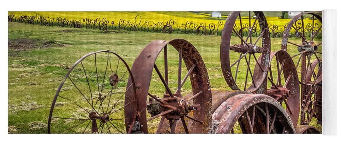 Wheel Yoga Mat featuring the photograph Wheel Fence and Canola Field by Brad Stinson
