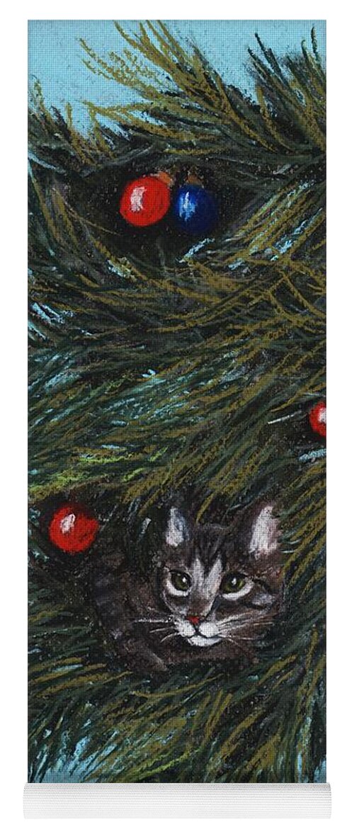 Cat Yoga Mat featuring the pastel Where is Santa by Anastasiya Malakhova