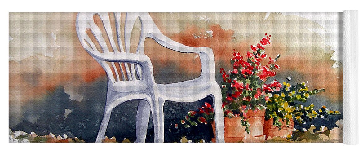 Chair Yoga Mat featuring the painting White Chair with Flower Pots by Sam Sidders