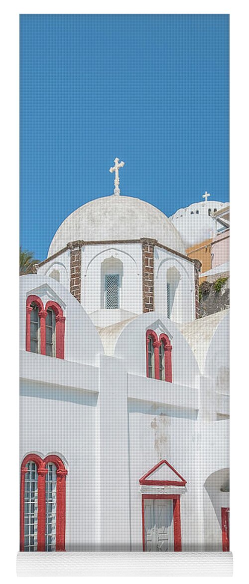 Cyclades Yoga Mat featuring the photograph White Church at Fira by Antony McAulay