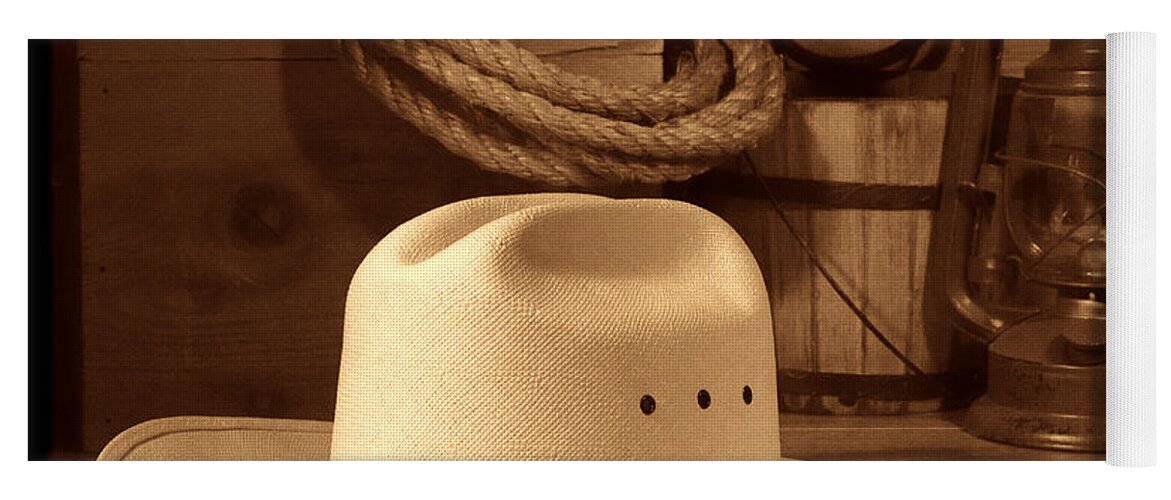 Barn Yoga Mat featuring the photograph White Cowboy Hat on Workbench by American West Legend By Olivier Le Queinec