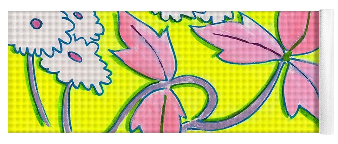 White Flowers Yoga Mat featuring the painting White Flowers on Bright Yellow with light purple leaves pattern by Mike Jory