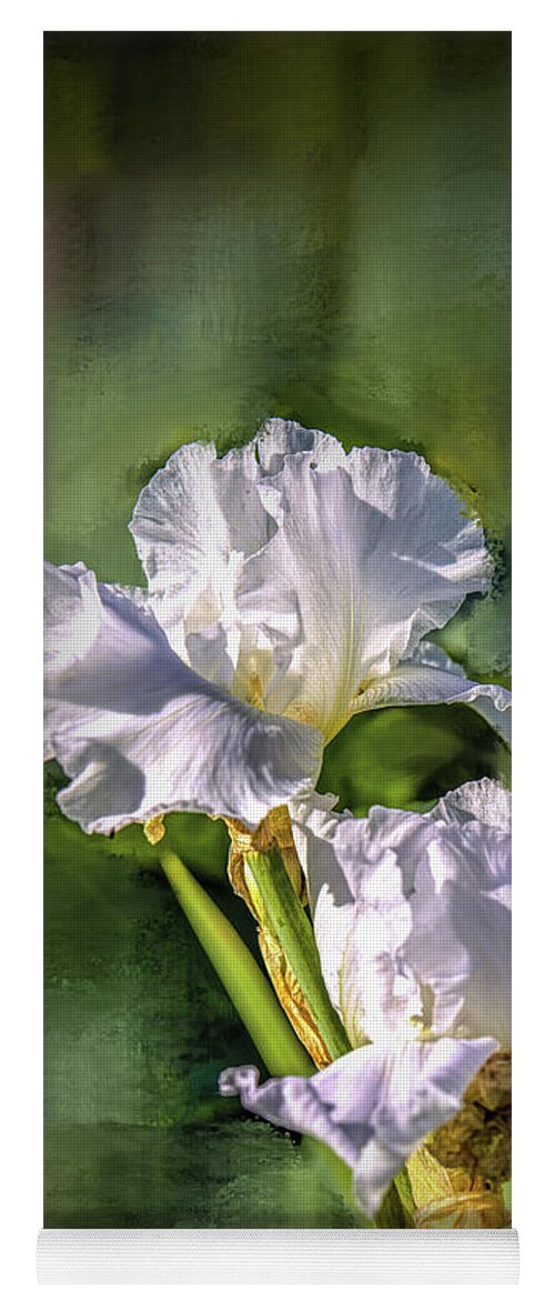 White Yoga Mat featuring the photograph White iris on abstract background #g4 by Leif Sohlman