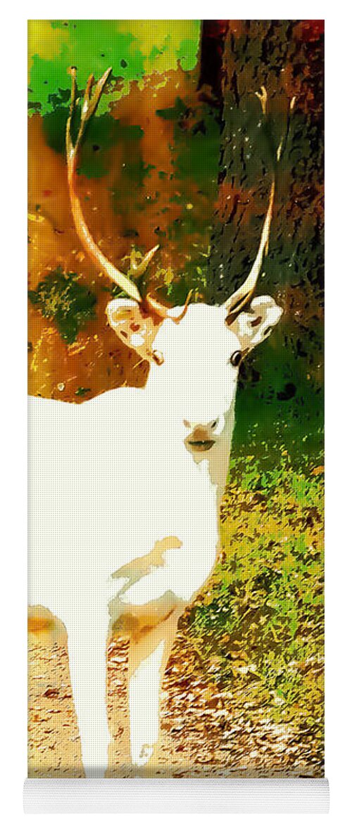 Mammals Yoga Mat featuring the photograph White reindeer in autumn colours by Sannamari Blinnikka-Tyrvainen