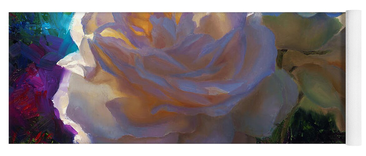 Paintings Of Roses Yoga Mat featuring the painting White Roses in the Garden - Backlit Flowers - Summer Rose by K Whitworth
