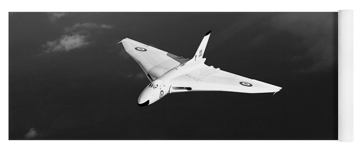 Avro Vulcan Yoga Mat featuring the digital art White Vulcan B1 at altitude black and white version by Gary Eason