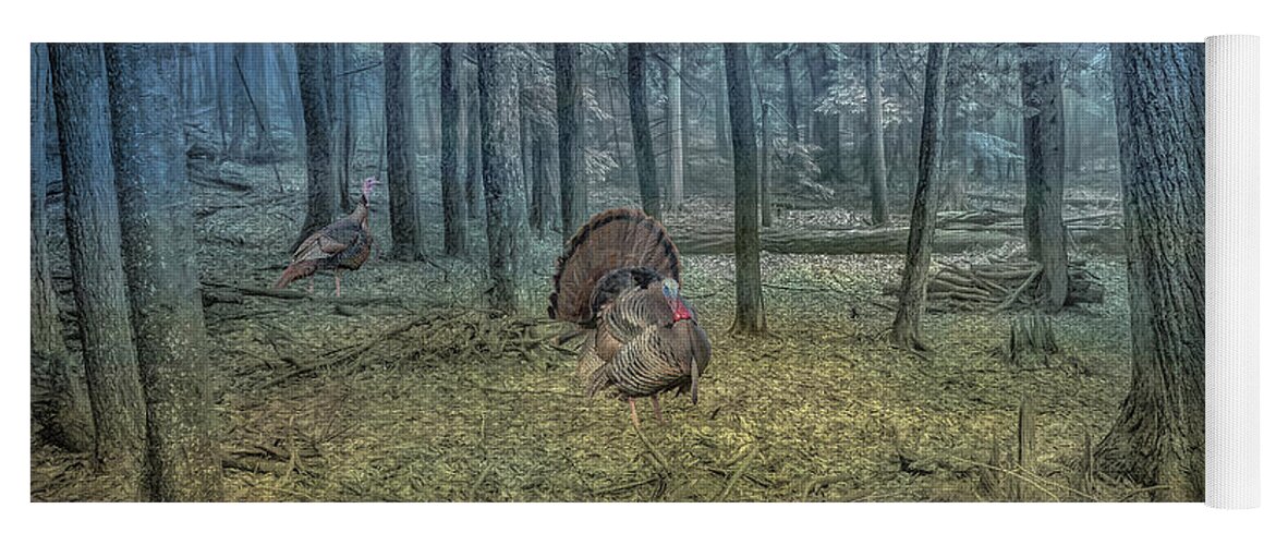 Wild Turkeys In Forest Yoga Mat featuring the digital art Wild Turkeys in Forest Version Two by Randy Steele