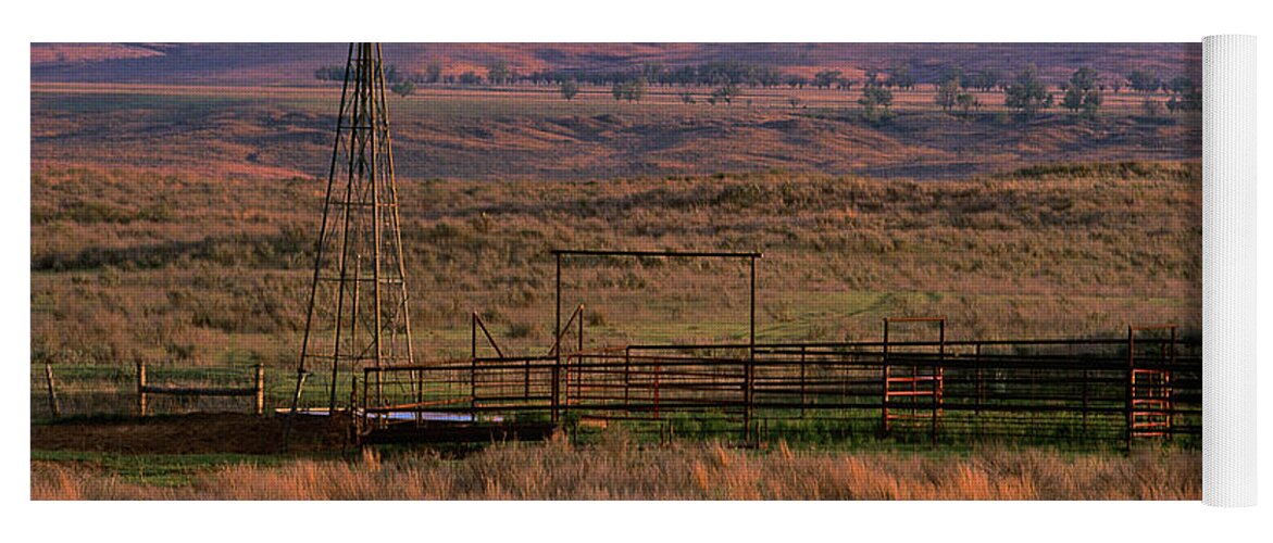 Dave Welling Yoga Mat featuring the photograph Windmill Cattle Fencing Texas Panhandle by Dave Welling