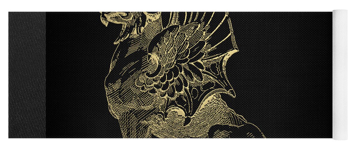 'antique-vintage-retro' Collection By Serge Averbukh Yoga Mat featuring the digital art Winged Chimera from Theater de Bellecour, Lyon, France, in Gold on Black by Serge Averbukh