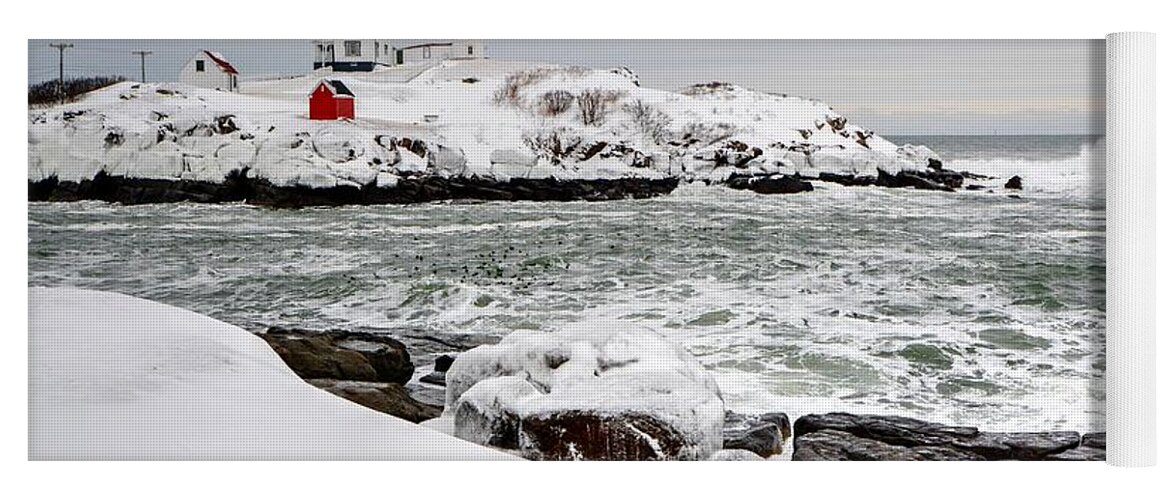 Nubble Lighthouse Yoga Mat featuring the photograph Winter at the Nubble by Steve Brown
