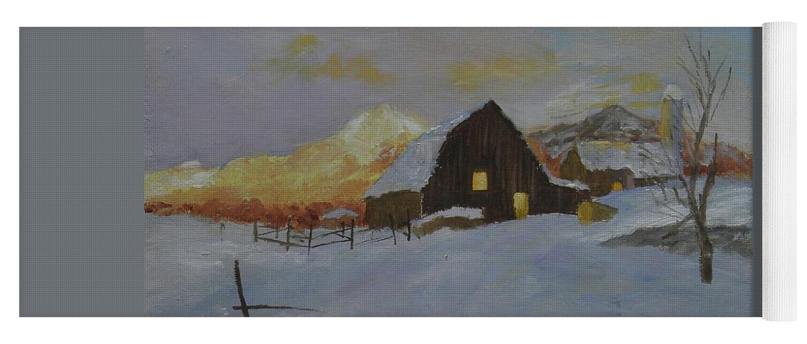 Landscape Snow Farm Mountain Sunset Dusk Yoga Mat featuring the painting Winter Dusk on the Farm by Scott W White