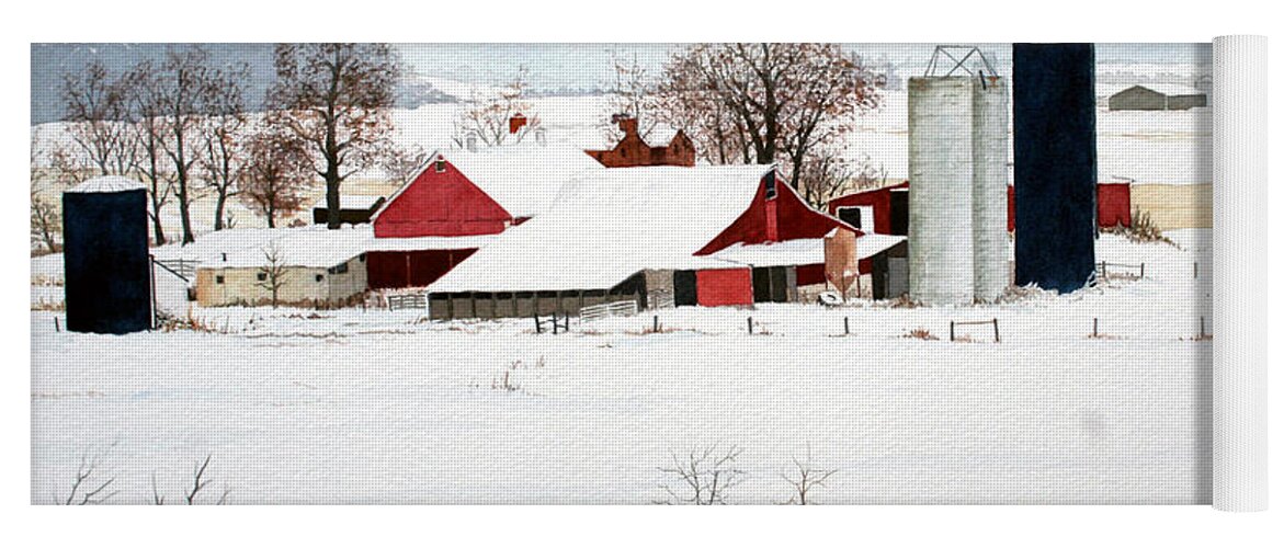 Winter Yoga Mat featuring the painting Red Barns and Blue Silos by Jim Gerkin