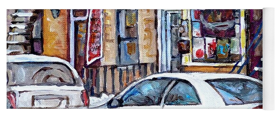 Depanneur Yoga Mat featuring the painting Winter In The City Verdun Storefront Staircase Painting Montreal Art C Spandau Canadian Artist    by Carole Spandau