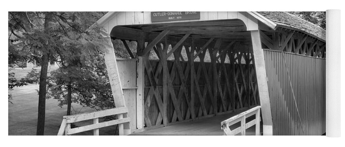 Cutler Donahoe Covered Bridge Yoga Mat featuring the photograph Winterset Iowa Covered Bridge Black And White by Adam Jewell