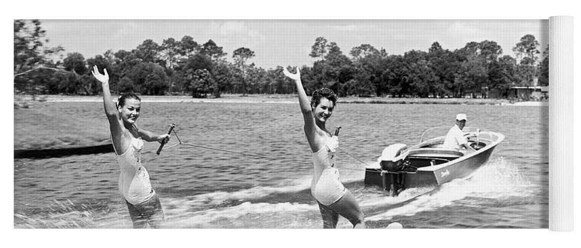 1950s Yoga Mat featuring the photograph Women Water Skiers Waving by Underwood Archives