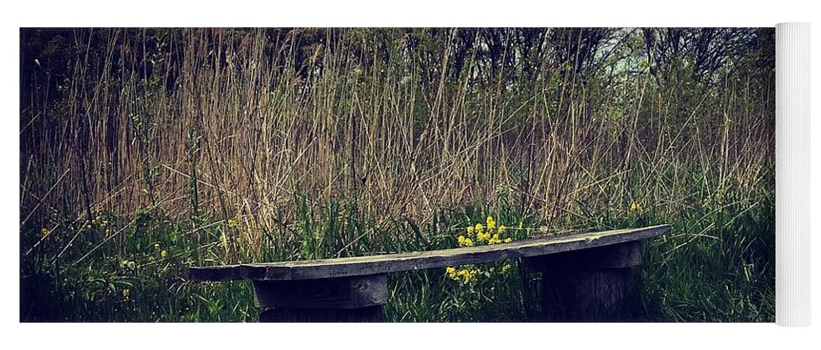 Midwest Yoga Mat featuring the photograph Wood Bench and Yellow Flowers by Frank J Casella