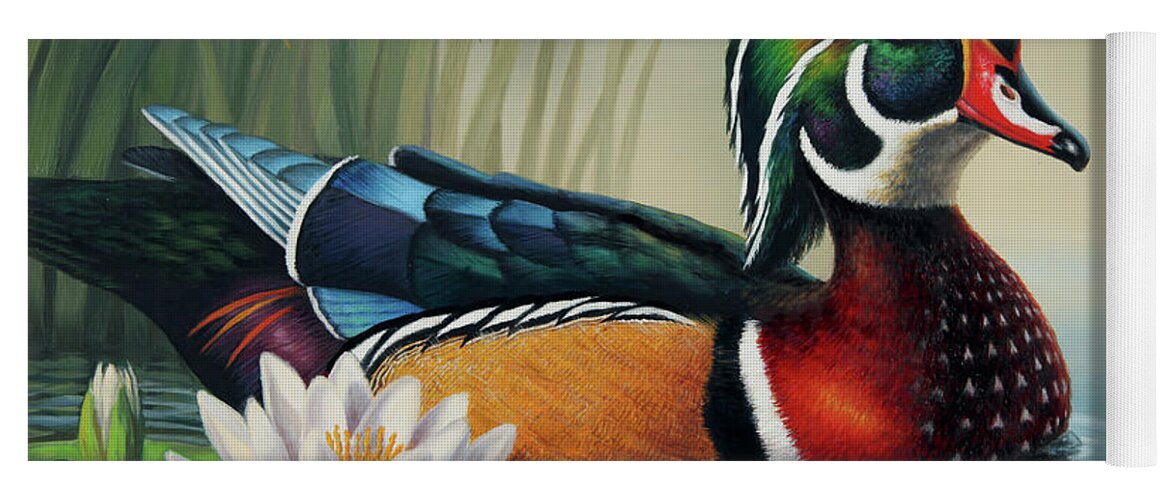 Duck Yoga Mat featuring the painting Wood Duck and Lily Pad by Guy Crittenden