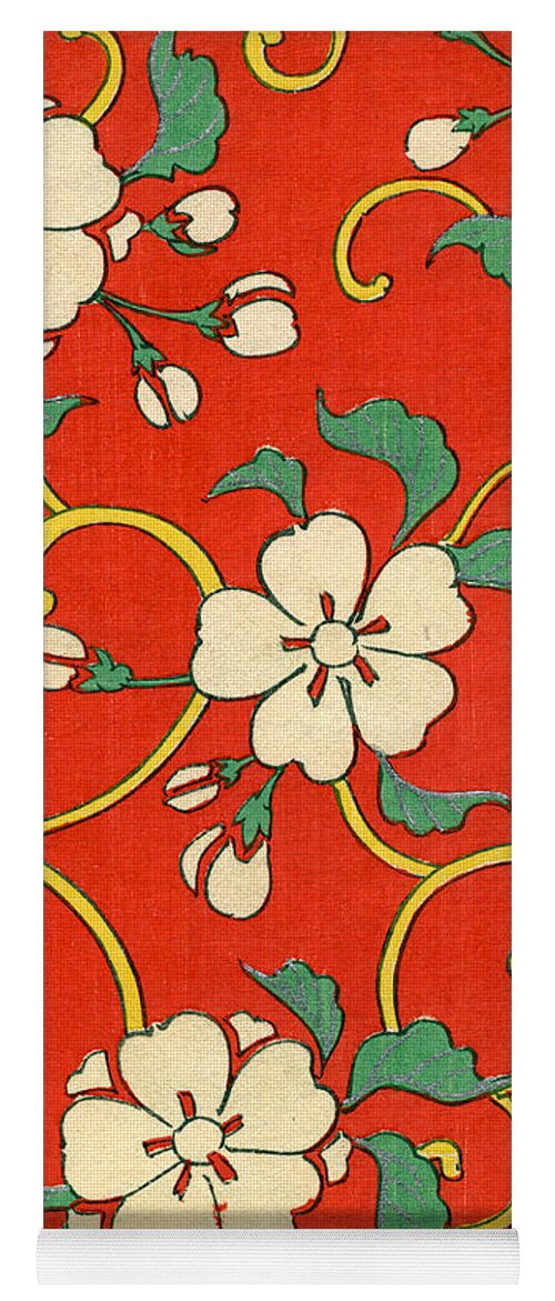 Red Yoga Mat featuring the painting Woodblock Print of Apple Blossoms by Japanese School