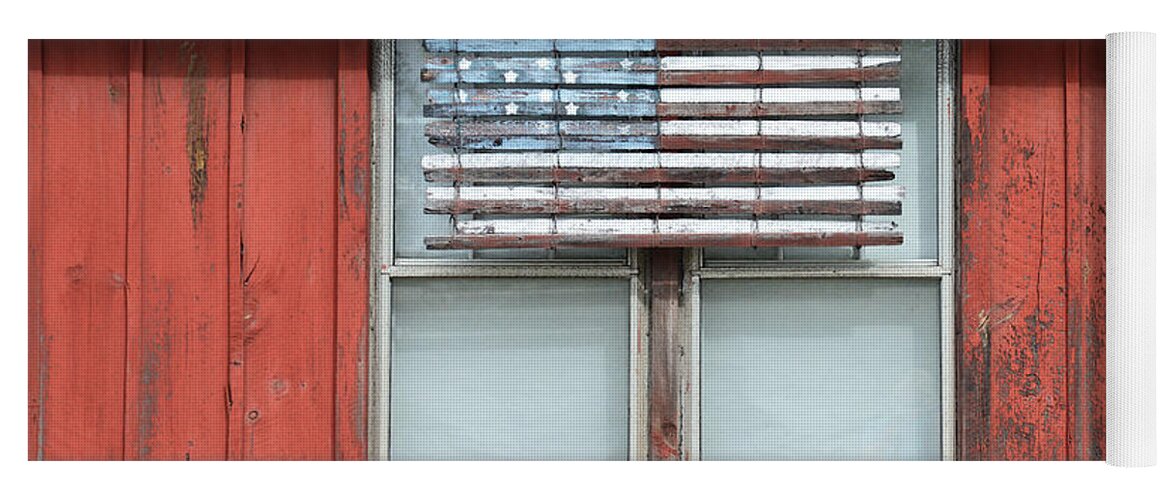 Flag Yoga Mat featuring the photograph Wooden American Flag on Red Barn by Catherine Sherman