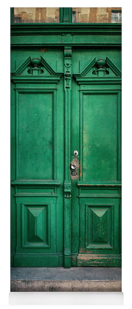 Gate Yoga Mat featuring the photograph Wooden ornamented gate in green color by Jaroslaw Blaminsky