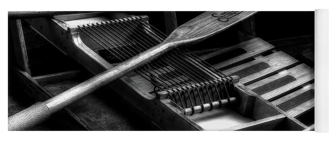 Wooden Rowboat Yoga Mat featuring the photograph Wooden Rowboat And Oars In Black And White by Carol Montoya