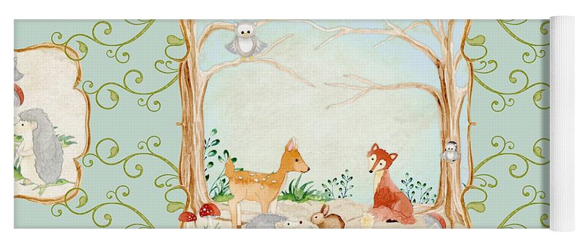 Wood Yoga Mat featuring the painting Woodland Fairy Tale - Aqua Blue Forest Gathering of Woodland Animals by Audrey Jeanne Roberts