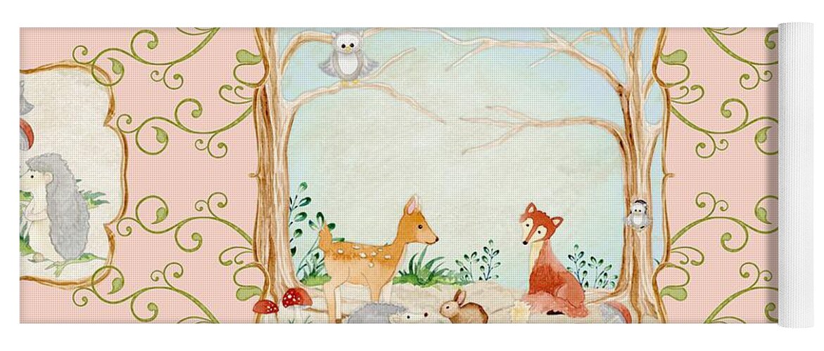 Wood Yoga Mat featuring the painting Woodland Fairy Tale - Blush Pink Forest Gathering of Woodland Animals by Audrey Jeanne Roberts