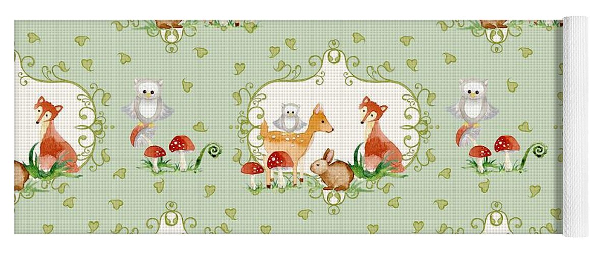 Trendy Yoga Mat featuring the painting Woodland Fairy Tale - Mint Green Sweet Animals Fox Deer Rabbit owl - Half Drop Repeat by Audrey Jeanne Roberts