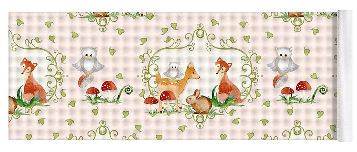 Blush Pink Yoga Mat featuring the painting Woodland Fairy Tale - Pink Sweet Animals Fox Deer Rabbit owl - Half Drop Repeat by Audrey Jeanne Roberts