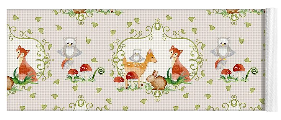 Grey Yoga Mat featuring the painting Woodland Fairy Tale - Warm Grey Sweet Animals Fox Deer Rabbit owl - Half Drop Repeat by Audrey Jeanne Roberts
