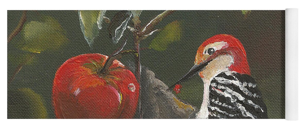 Woodpecker Yoga Mat featuring the painting Woodpecker in Apple Tree by Jan Dappen