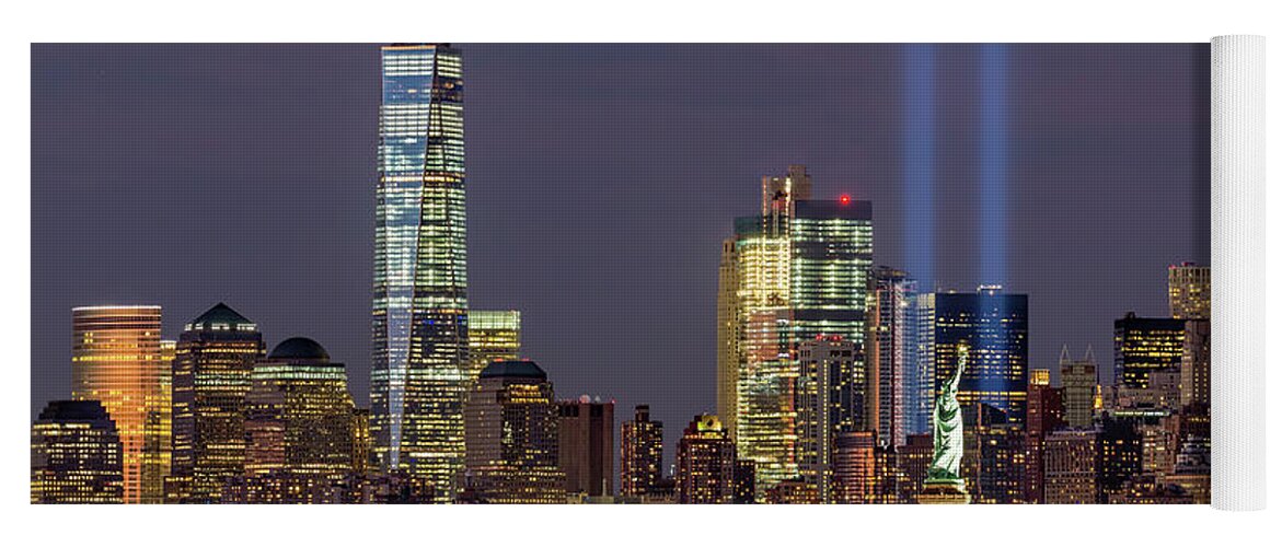 September 11 Yoga Mat featuring the photograph World Trade Center WTC Tribute In Light Memorial by Susan Candelario