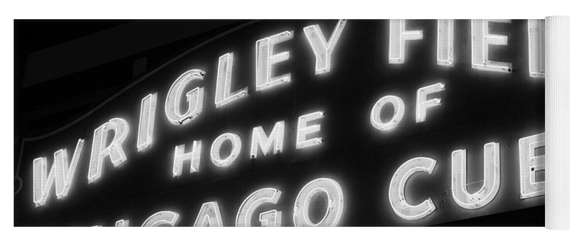America Yoga Mat featuring the photograph Wrigley Field Sign Black and White Picture by Paul Velgos