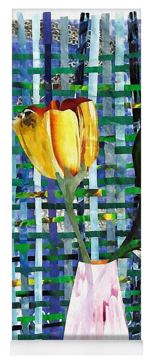 Tulip Yoga Mat featuring the mixed media Yellow Tulip in a Pink Vase by Sarah Loft