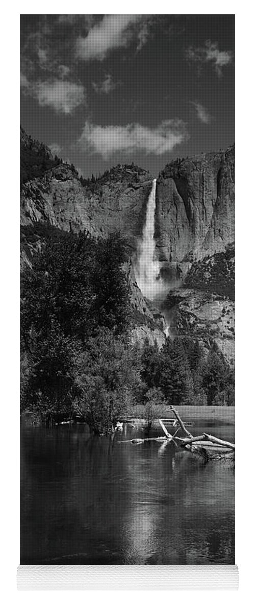 Yosemite Falls From Swinging Bridge Yoga Mat featuring the photograph Yosemite Falls from Swinging Bridge in Black and White by Raymond Salani III