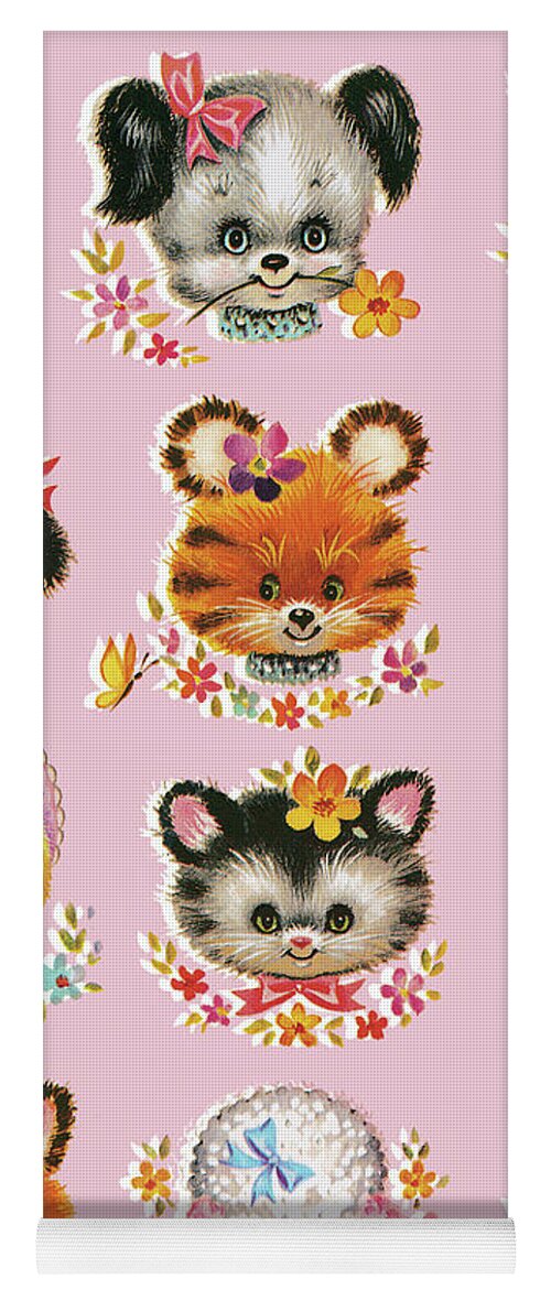Animal Yoga Mat featuring the drawing Cute Little Animals on Pink Background #1 by CSA Images