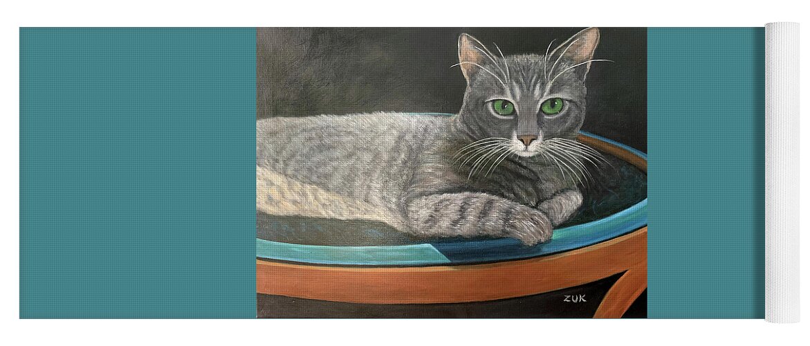 Karen Zuk Rosenblatt Art And Photography Yoga Mat featuring the painting Grey Tabby Cat by Karen Zuk Rosenblatt
