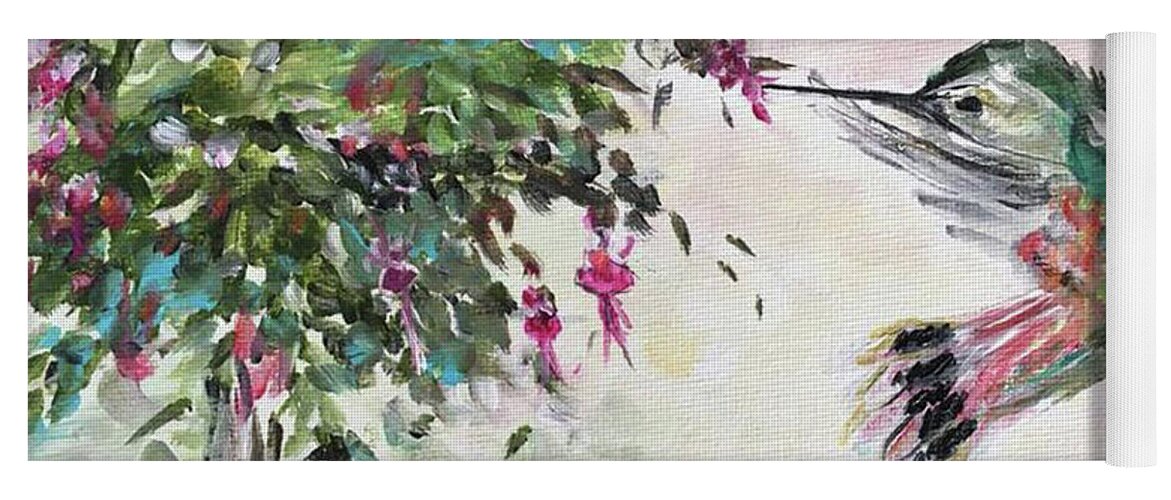 Hummingbird Yoga Mat featuring the painting Hummingbird with Fuchsias by Roxy Rich