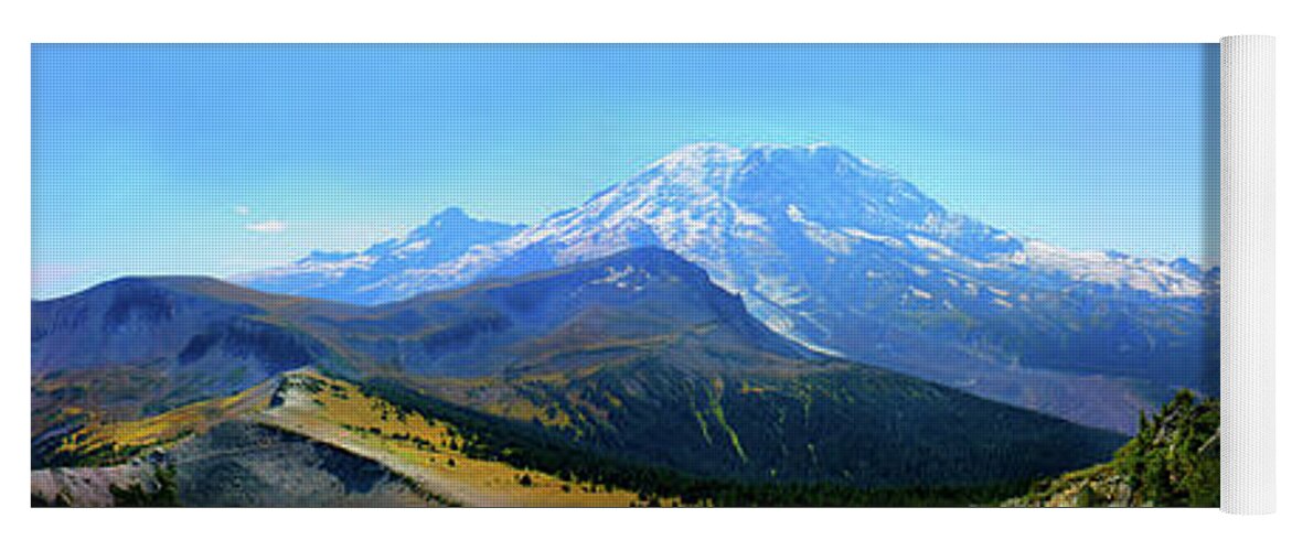 Panorama Mount Rainier Yoga Mat featuring the photograph panorama Mount Rainier National Park mountain from Skyscraper Mt on north fall landscape snow USA by Robert C Paulson Jr