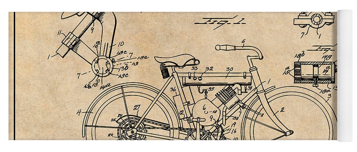 1919 W. J. Canfield Motorcycle Patent Print Yoga Mat featuring the drawing 1919 W. J. Canfield Motorcycle Antique Paper Patent Print by Greg Edwards