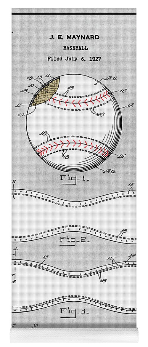 1928 J. E. Maynard Baseball Colorized Patent Print Yoga Mat featuring the drawing 1928 J. E. Maynard Baseball Colorized Patent Print Gray by Greg Edwards