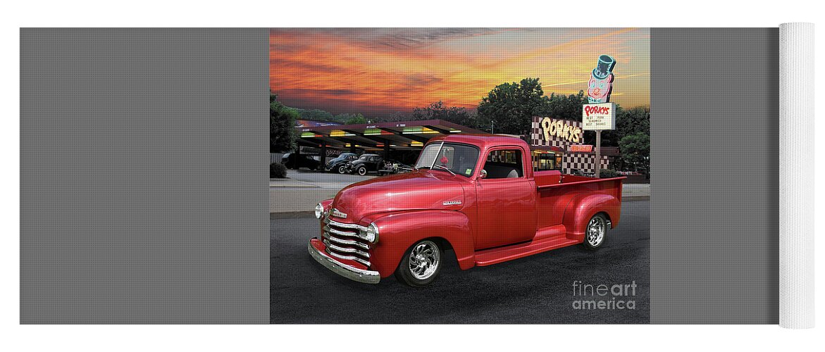 1949 Yoga Mat featuring the photograph 1949 Chevy Pickup at Porky's Drive-In by Ron Long