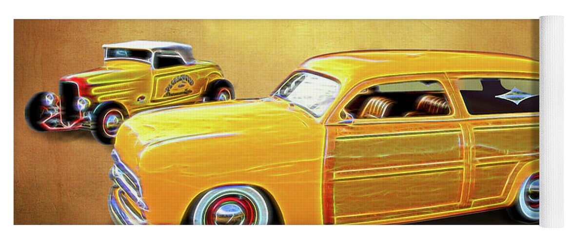49 Woody & 32 Roadster Yoga Mat featuring the digital art 1949 Woody and 1932 Roadster by Rick Wicker