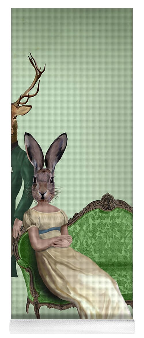 Steampunk Yoga Mat featuring the painting Mr Deer And Mrs Rabbit #2 by Fab Funky