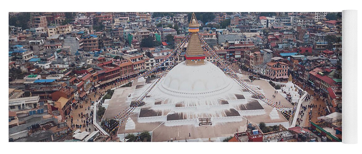 Buddhist Yoga Mat featuring the photograph Stupa temple Bodhnath Kathmandu, Nepal from air October 12 2018 #2 by Raimond Klavins