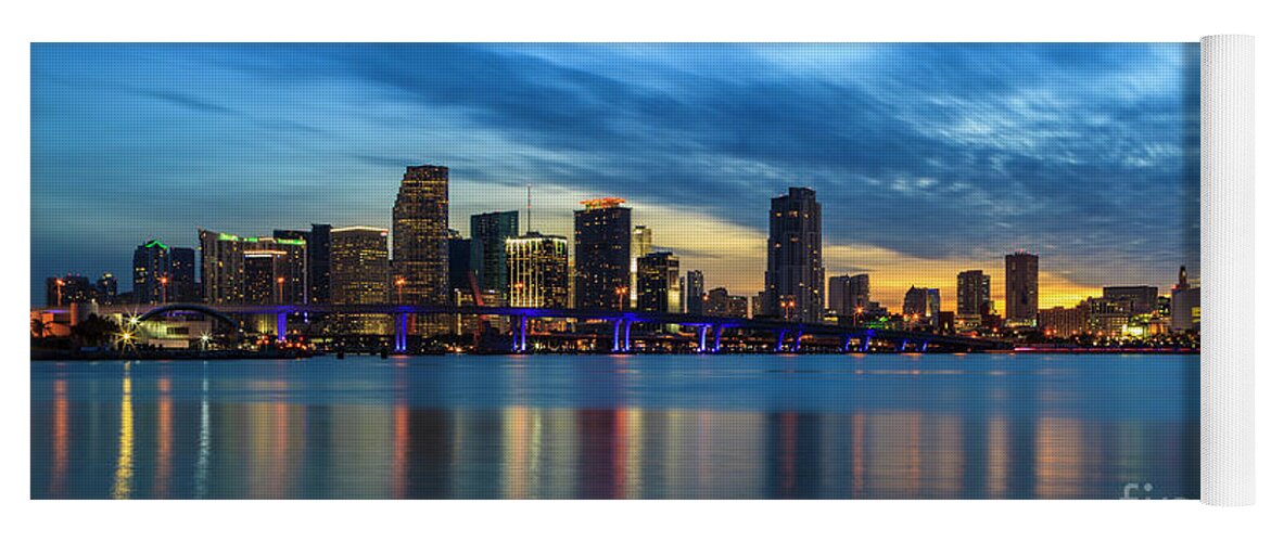 Biscayne Bay Yoga Mat featuring the photograph Miami Sunset Skyline by Raul Rodriguez