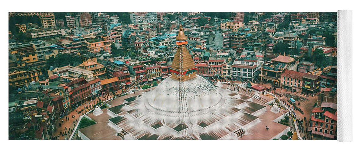 Buddhist Yoga Mat featuring the photograph Stupa temple Bodhnath Kathmandu, Nepal from air October 12 2018 #3 by Raimond Klavins