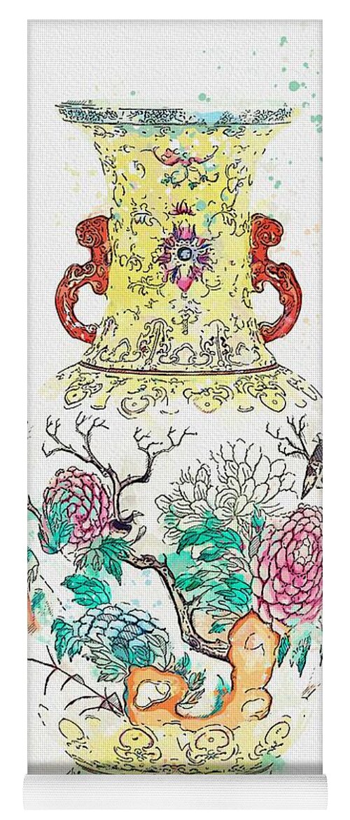Pottery Yoga Mat featuring the painting A FAMILLE ROSE TWO-HANDLED BIRDS AND FLOWERS VASE watercolor by Ahmet Asar by Celestial Images