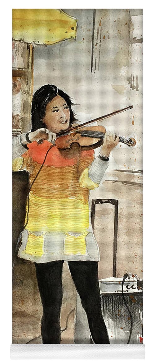 A Lady In A Bright Colorful Outfit Plays A Violin On The Boston Commons. Yoga Mat featuring the painting A Fiddler On The Boston Commons by Monte Toon